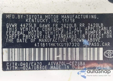 2019 Toyota Camry Se из США, поврежденный, VIN 4T1B11HK1KU197320